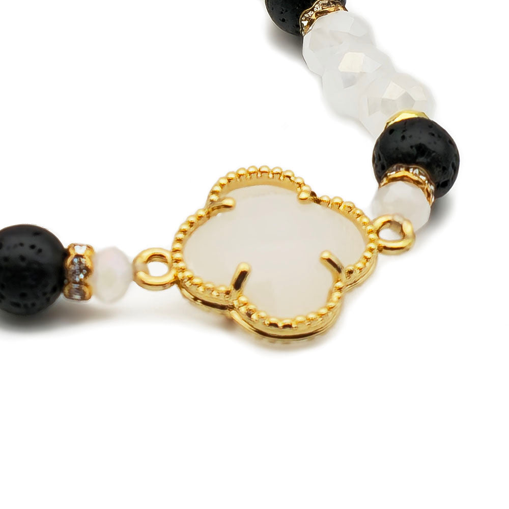 White Clover Bracelet – Handmade with Genuine Crystal & Lava Stone (8x6mm Beads, Stretch-to-Fit, 7.5 inches)