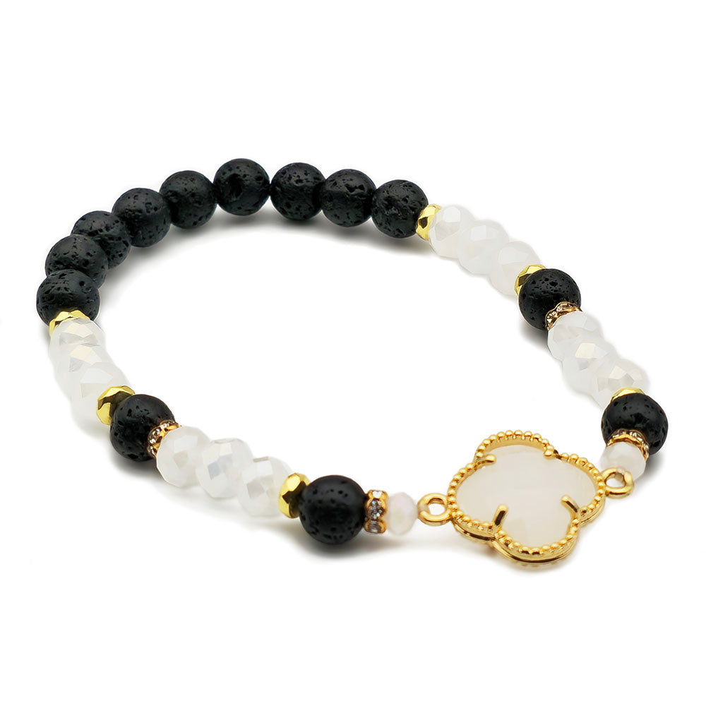 White Clover Bracelet – Handmade with Genuine Crystal & Lava Stone (8x6mm Beads, Stretch-to-Fit, 7.5 inches)