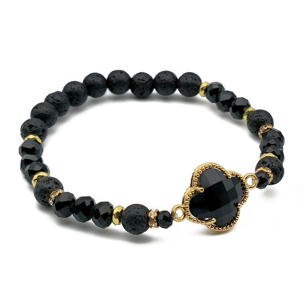 Black Clover Bracelet – Handmade with Genuine Crystal & Lava Stone (8x6mm Beads Stretch-to-Fit 7.5 inches)
