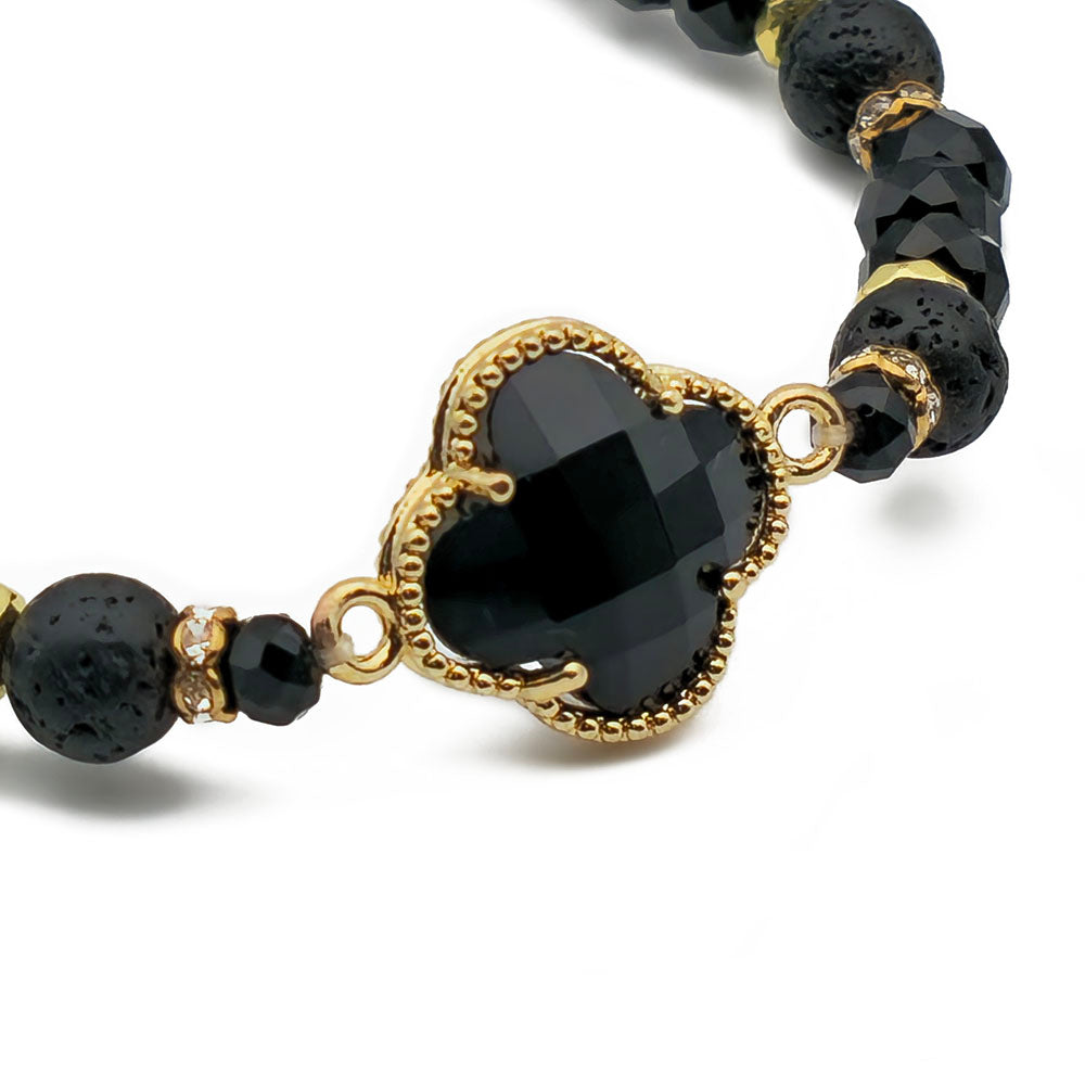 Black Clover Bracelet – Handmade with Genuine Crystal & Lava Stone (8x6mm Beads Stretch-to-Fit 7.5 inches)