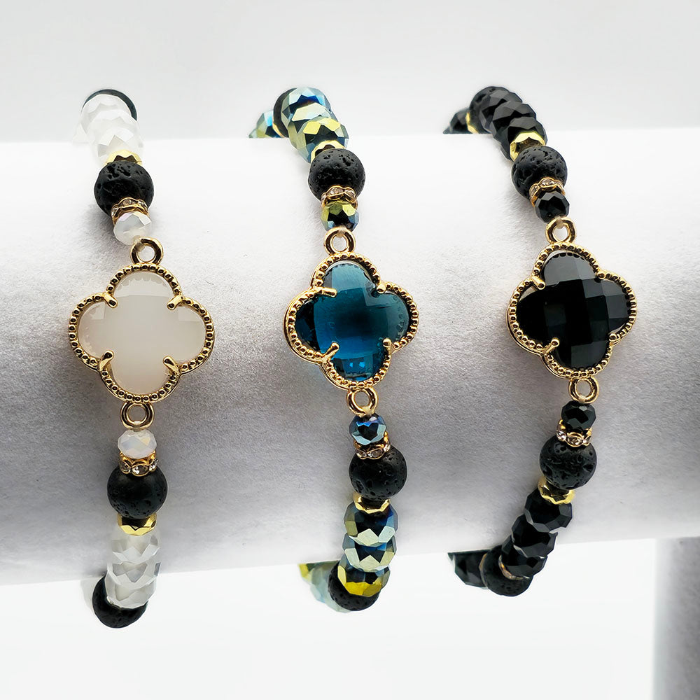 Black Clover Bracelet – Handmade with Genuine Crystal & Lava Stone (8x6mm Beads Stretch-to-Fit 7.5 inches)