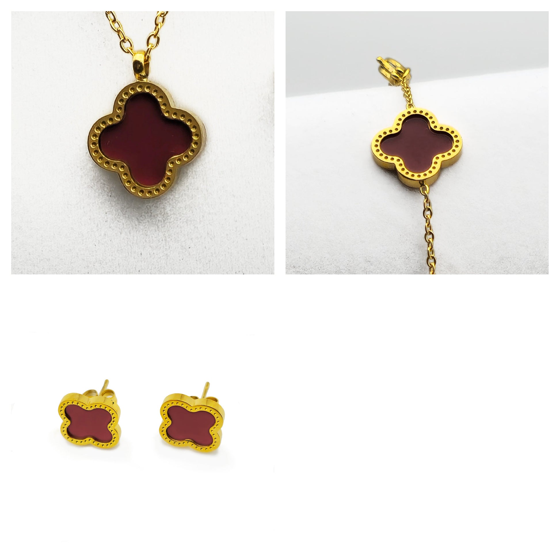 Black Clover Necklace Bracelet and Earrings Set - 18K Gold on Titanium