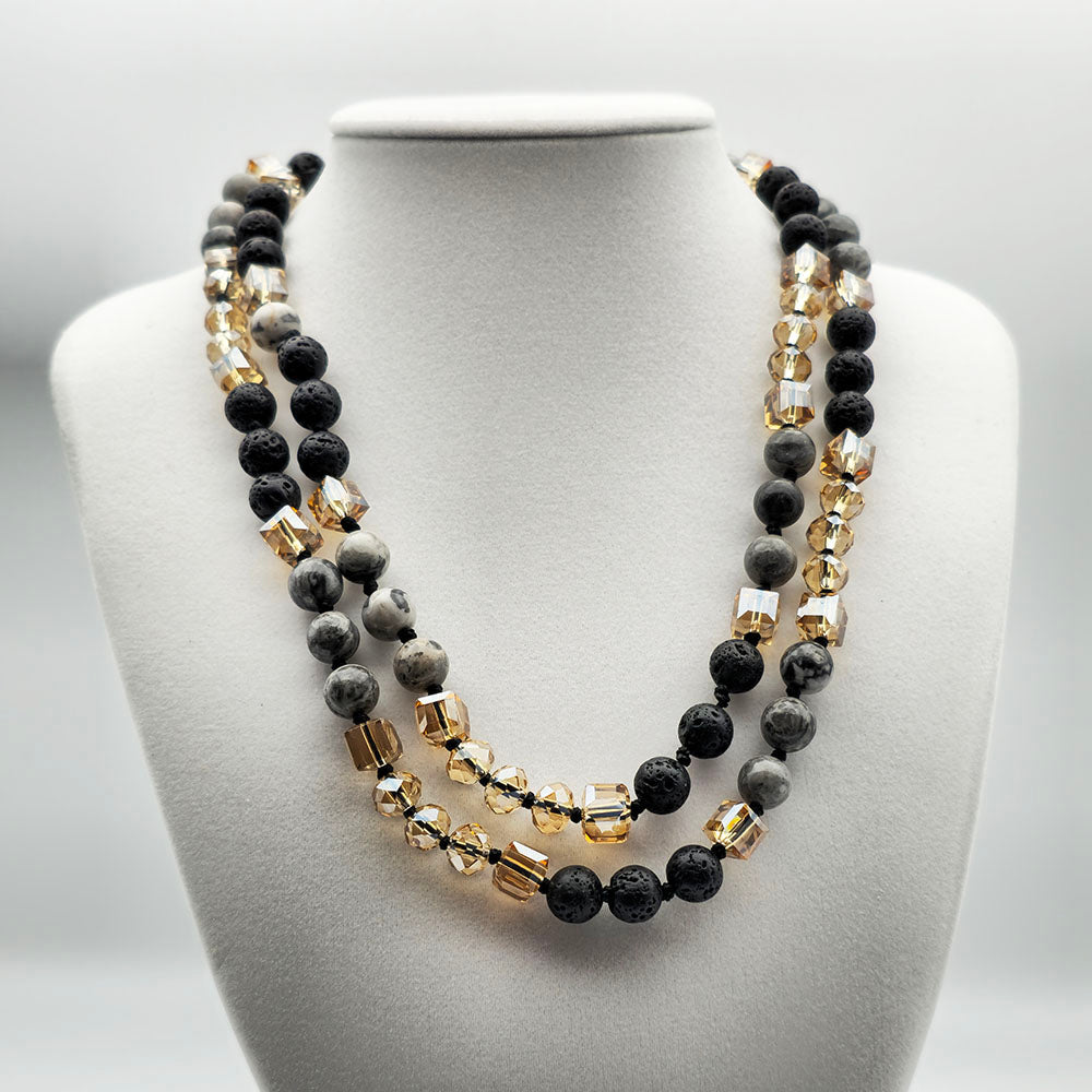 Black Hand Knotted Necklace - Handmade Knotted Necklace with Natural Gemstones and Crystals (36 Inches Long)