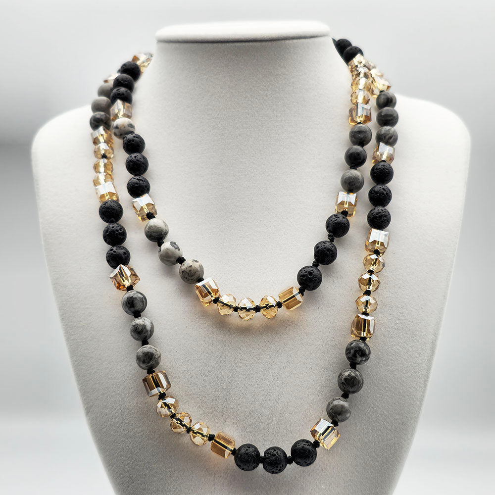 Black Hand Knotted Necklace - Handmade Knotted Necklace with Natural Gemstones and Crystals (36 Inches Long)