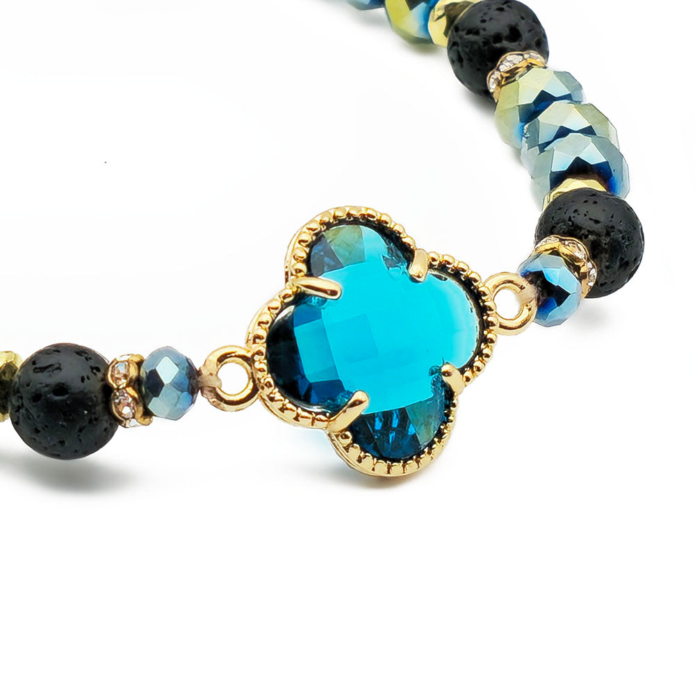 Blue Clover Bracelet – Handmade with Genuine Crystal & Lava Stone (8x6mm Beads Stretch-to-Fit 7.5 inches) (Copy)