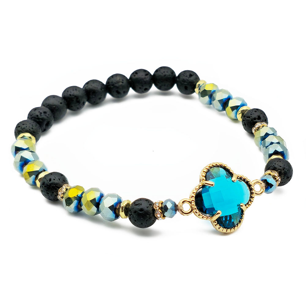 Blue Clover Bracelet – Handmade with Genuine Crystal & Lava Stone (8x6mm Beads Stretch-to-Fit 7.5 inches) (Copy)