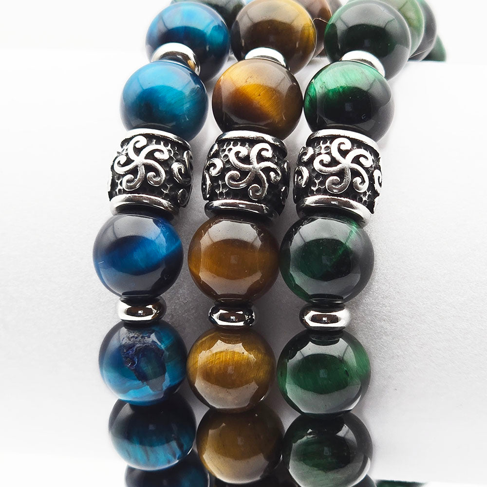 Blue Tiger’s Eye Bracelet – Handmade with Genuine Gemstones Stainless Steel Accents (10mm Beads Stretch-to-Fit 7.5