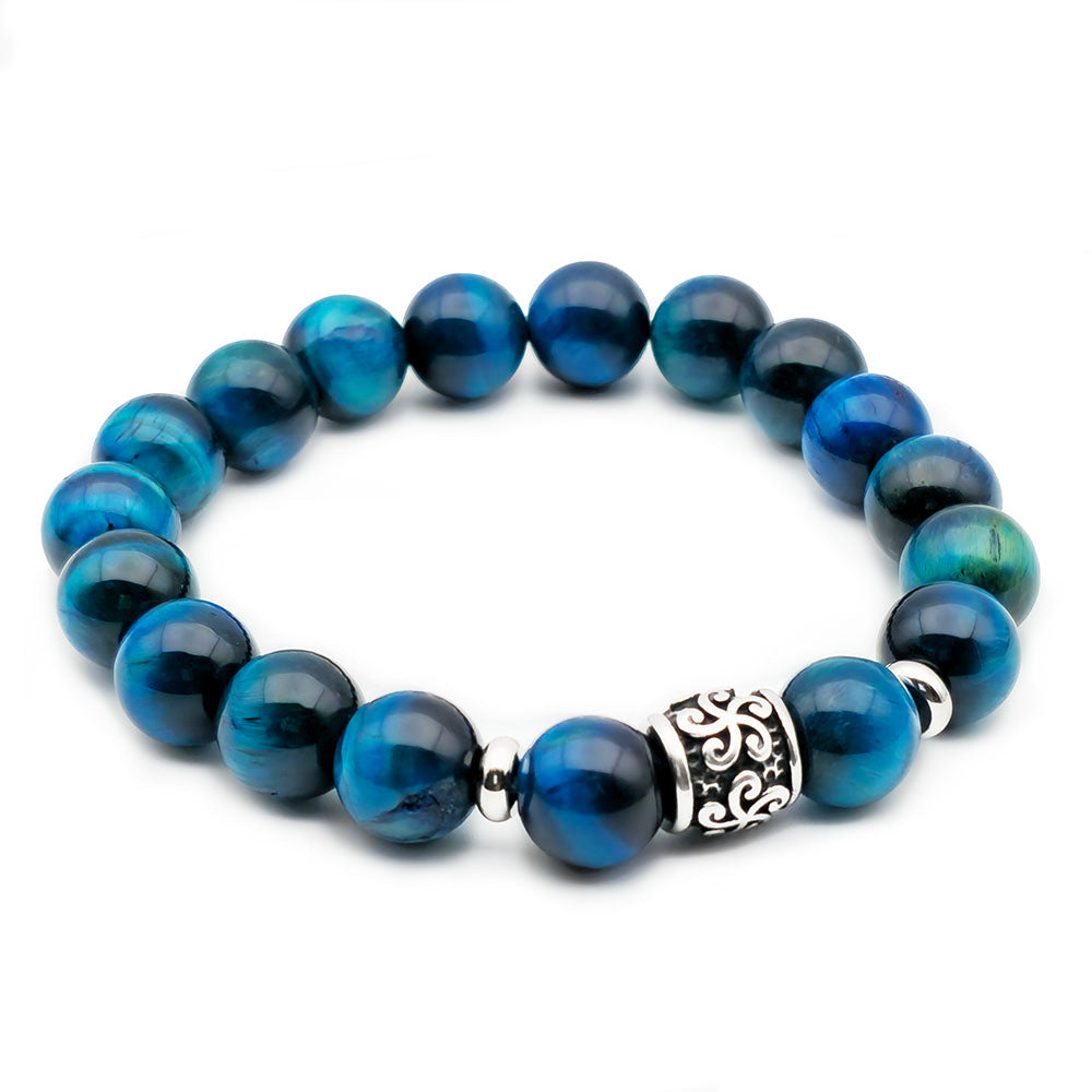 Blue Tiger’s Eye Bracelet – Handmade with Genuine Gemstones Stainless Steel Accents (10mm Beads Stretch-to-Fit 7.5