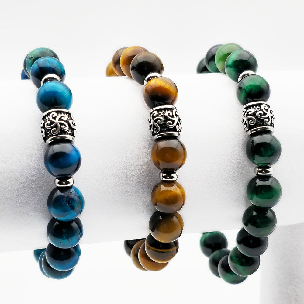 Brown Tiger’s Eye Bracelet – Handmade with Genuine Gemstones Stainless Steel Accents (10mm Beads Stretch-to-Fit 7.5