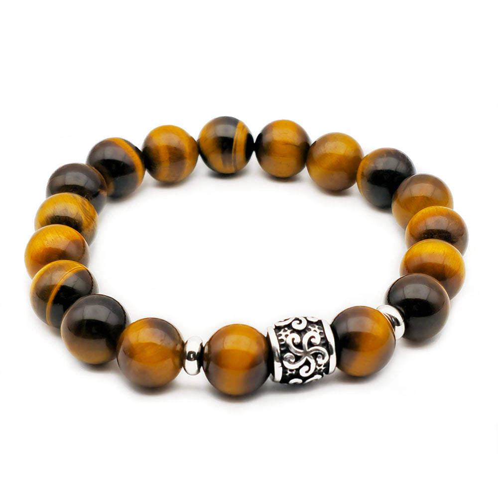 Brown Tiger’s Eye Bracelet – Handmade with Genuine Gemstones Stainless Steel Accents (10mm Beads Stretch-to-Fit 7.5