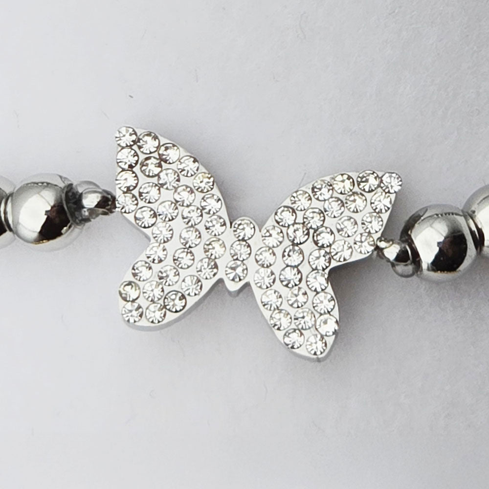 Butterfly Polished Stainless Steel Beaded Bracelet - Polished Stainless Steel with Butterfly Motif and brilliant CZ