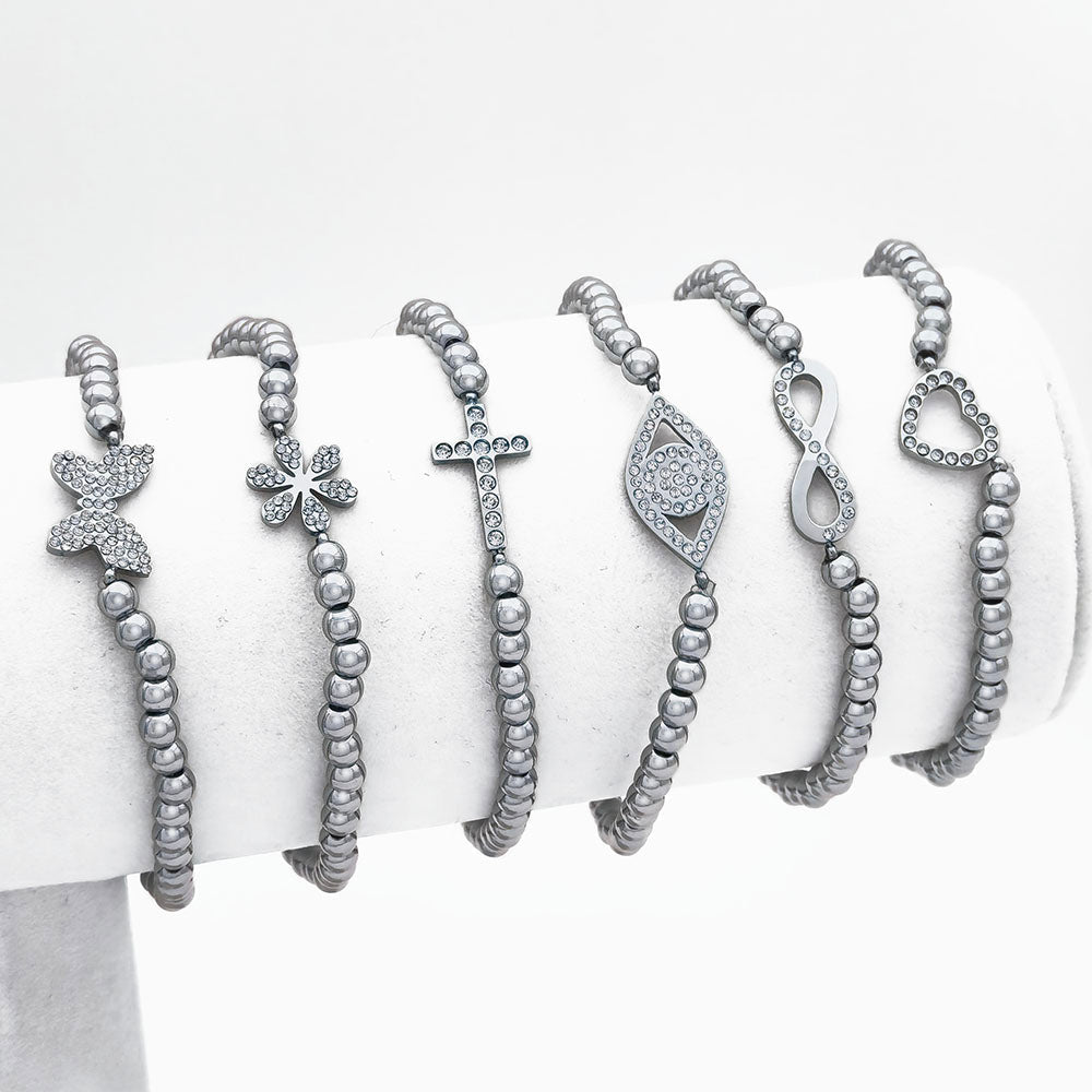 Butterfly Polished Stainless Steel Beaded Bracelet - Polished Stainless Steel with Butterfly Motif and brilliant CZ