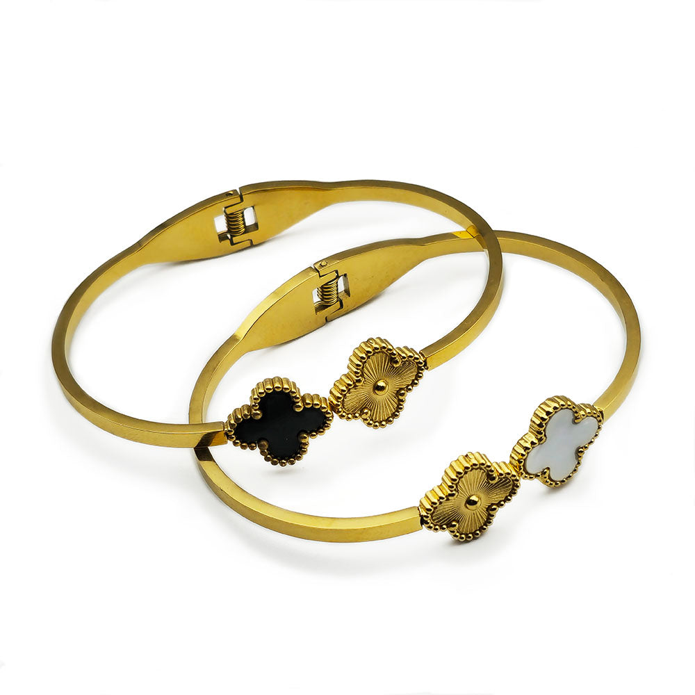 Clover Bangle – Black or White 18K Gold on Stainless Steel (6.27cm Diameter 0.25cm Thick 1.41cm Clover Spring Hinge)