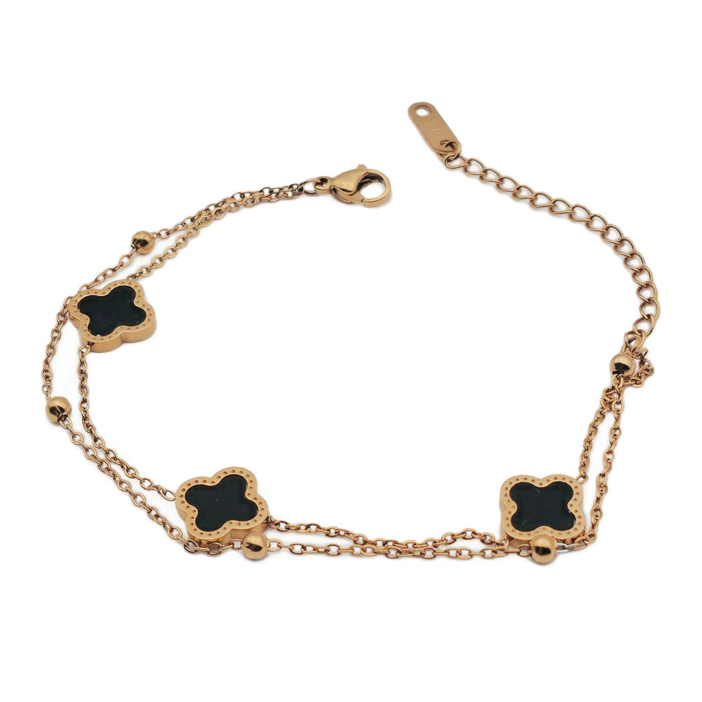 Clover Double-Layered Bracelet – 18K Rose Gold on Titanium with Adjustable Chain and Clasp