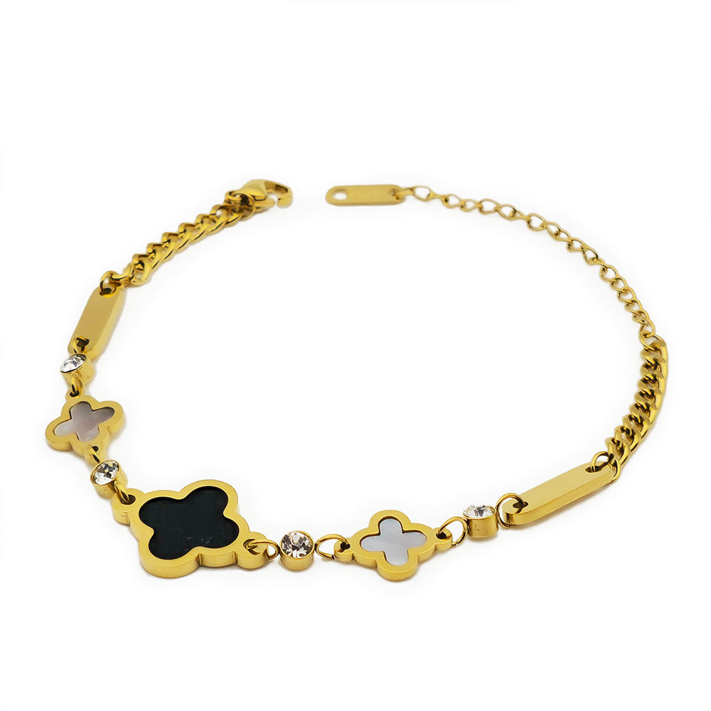 Clover Bracelet Special Black and White - 18K Gold on Titanium with Zircon Gemstone Accents (Adjustable Chain with Clasp)