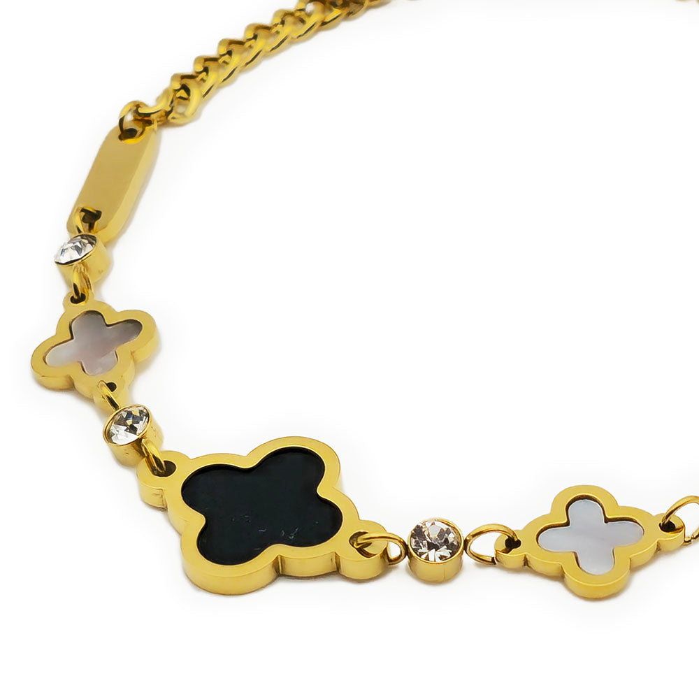 Clover Bracelet Special Black and White - 18K Gold on Titanium with Zircon Gemstone Accents (Adjustable Chain with Clasp)