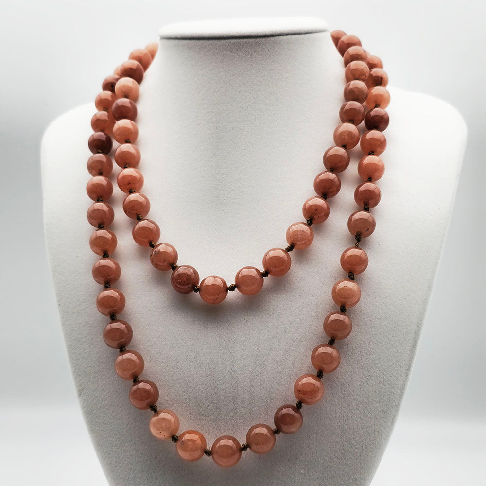 Coffee Line Knotted Necklace - Handmade Knotted Necklace with Polished Natural Gemstones (10 mm Beads - 36 inches long)