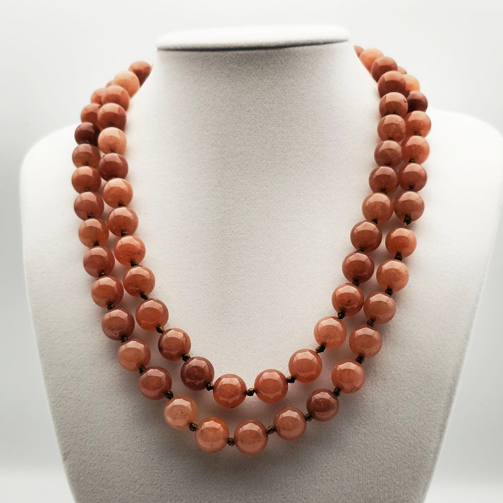 Coffee Line Knotted Necklace - Handmade Knotted Necklace with Polished Natural Gemstones (10 mm Beads - 36 inches long)