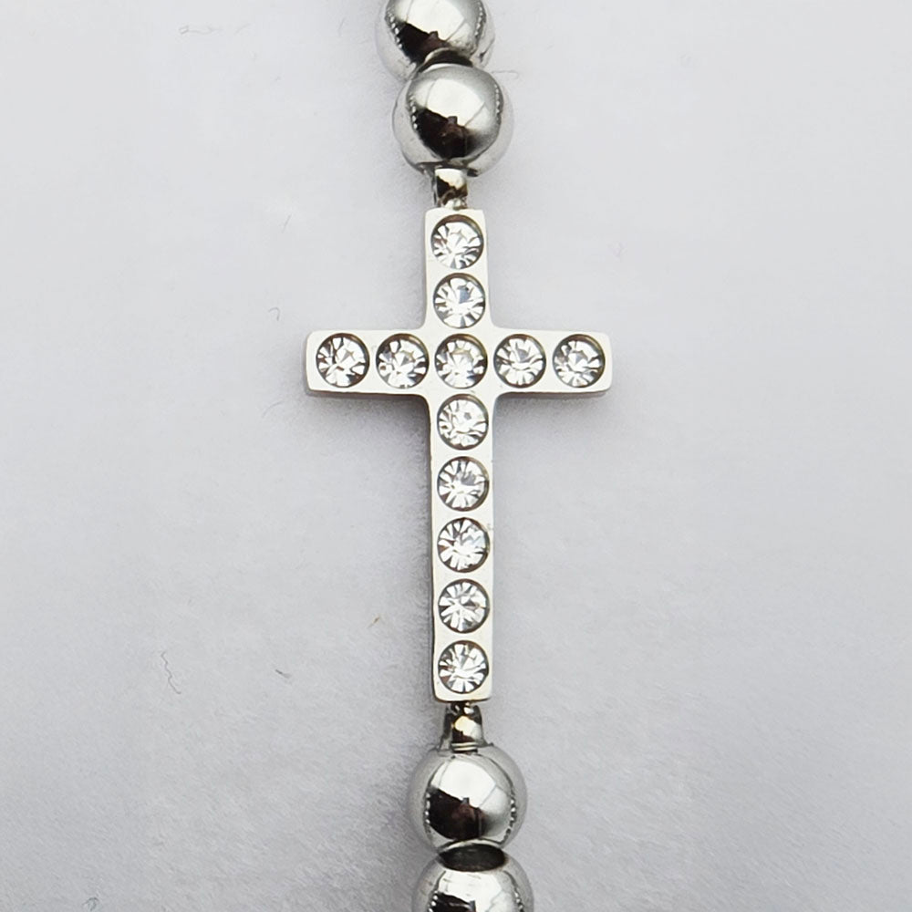 Cross Polished Stainless Steel Beaded Bracelet - Polished Stainless Steel with Cross Motif and brilliant CZ Accents (4