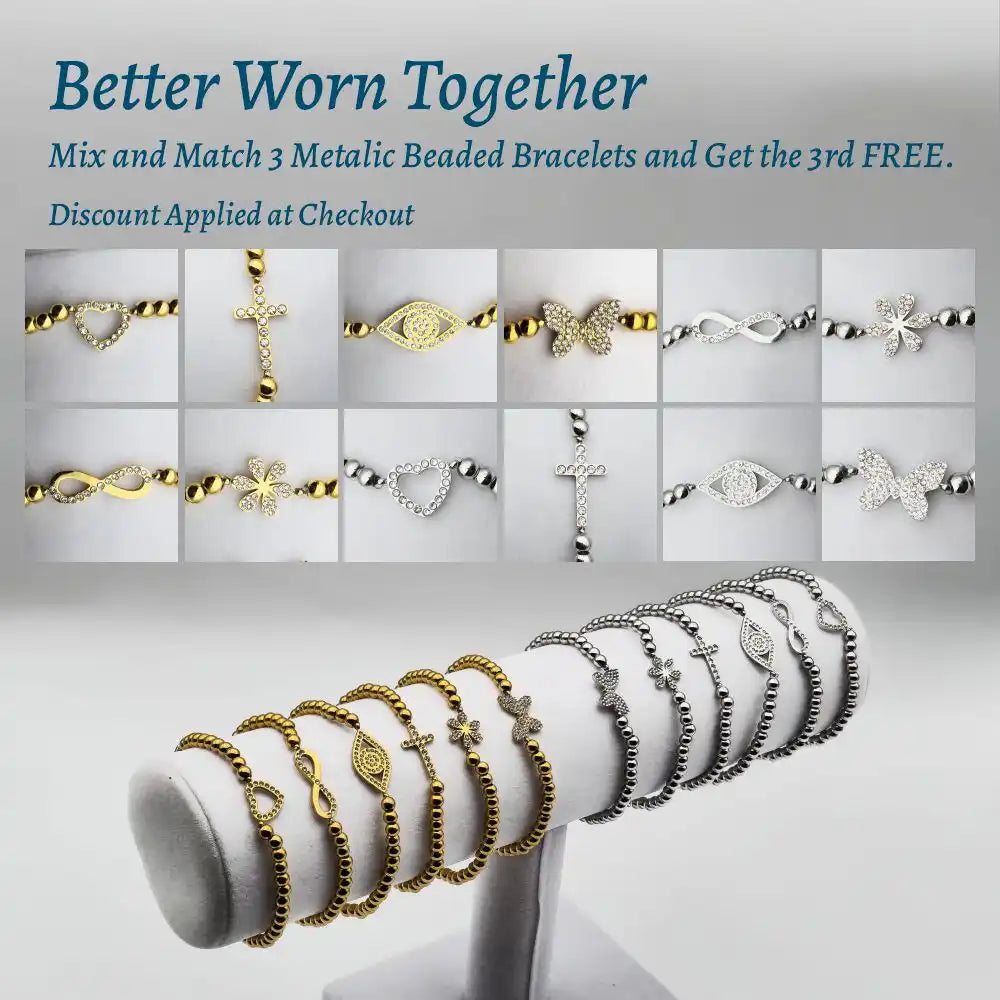 A display of gold and silver beaded bracelets with various charm designs, offered with a ’buy 2 get 1 free’ promotion.