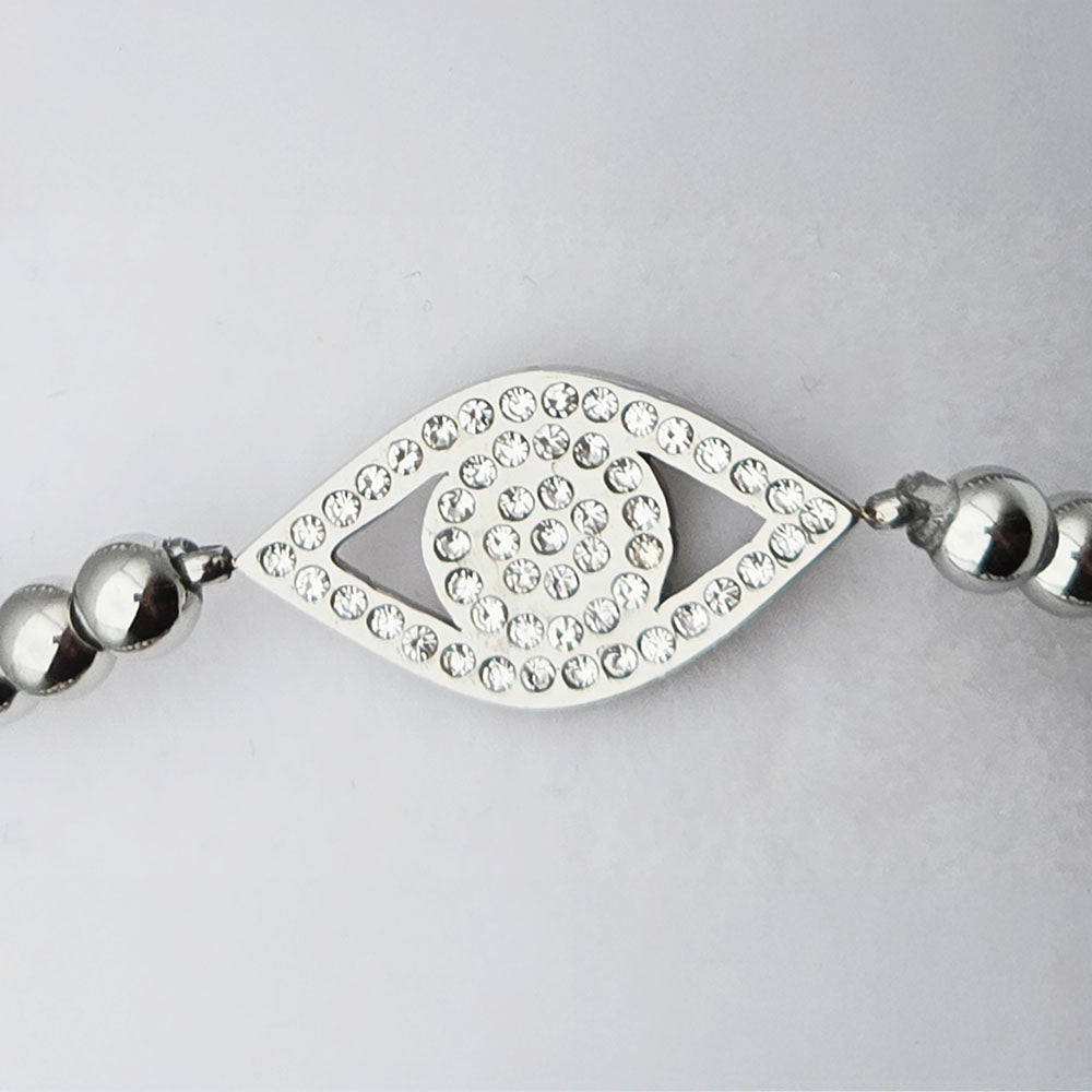 Eye Polished Stainless Steel Beaded Bracelet - Polished Stainless Steel with Eye Motif and brilliant CZ Accents (4 mm