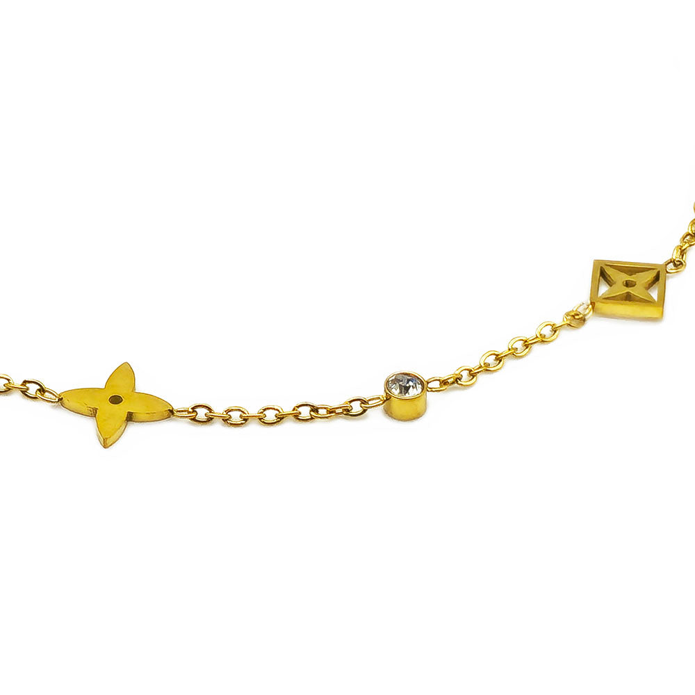 Floral Geometric Bracelet - 18K Gold on Titanium with Zircon Gemstone Accents (Adjustable Chain with Clasp)