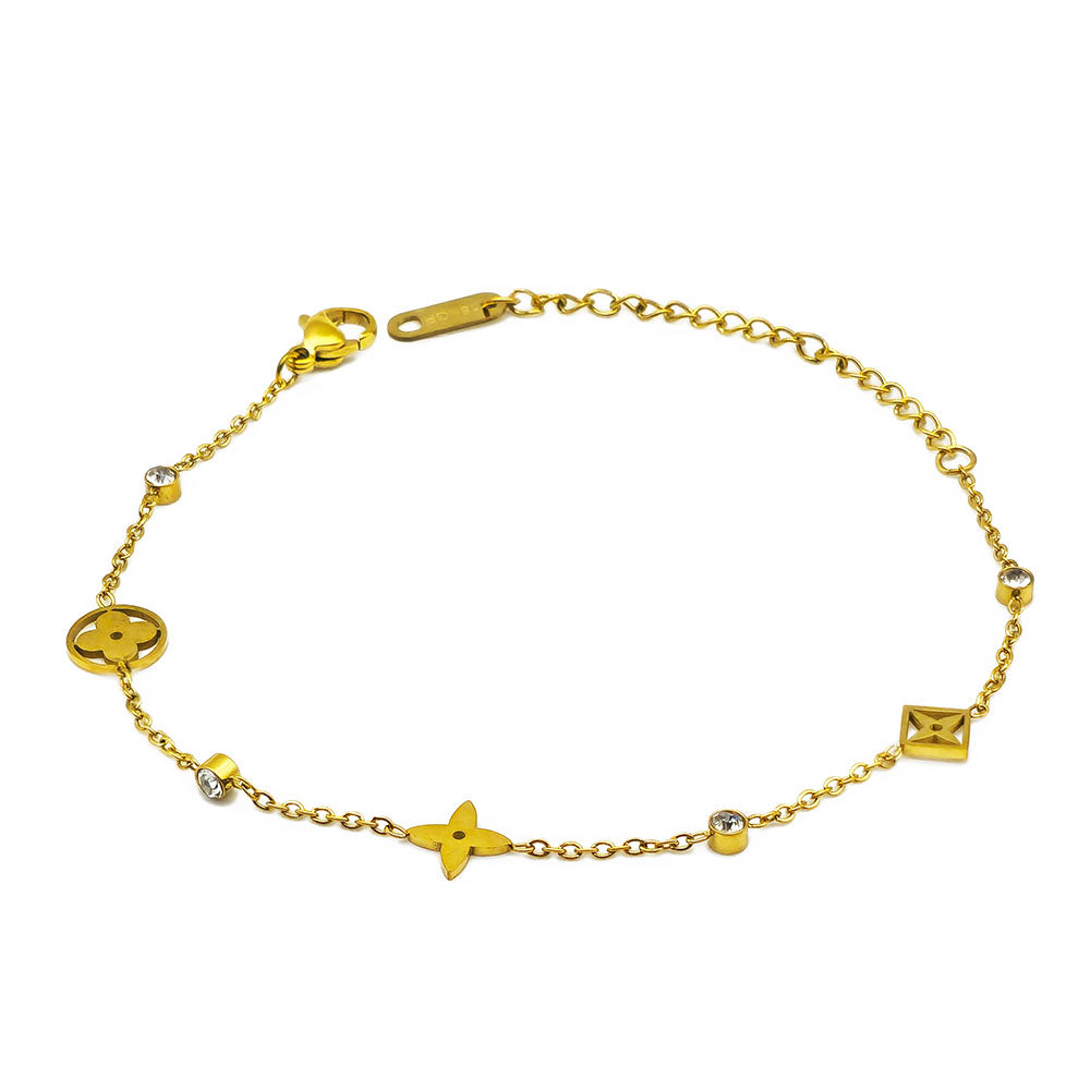 Floral Geometric Bracelet - 18K Gold on Titanium with Zircon Gemstone Accents (Adjustable Chain with Clasp)