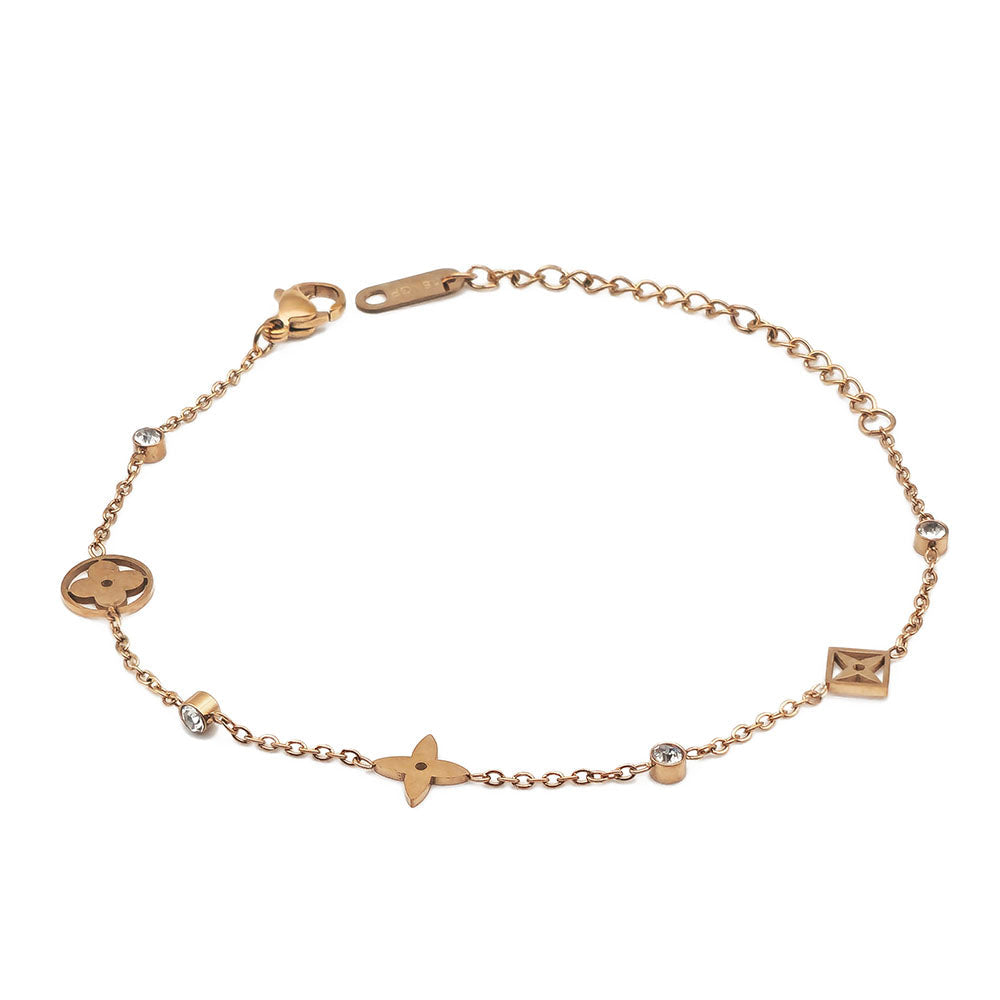 Floral Geometric Bracelet - 18K Rose Gold on Titanium with Zircon Gemstone Accents (Adjustable Chain with Clasp)