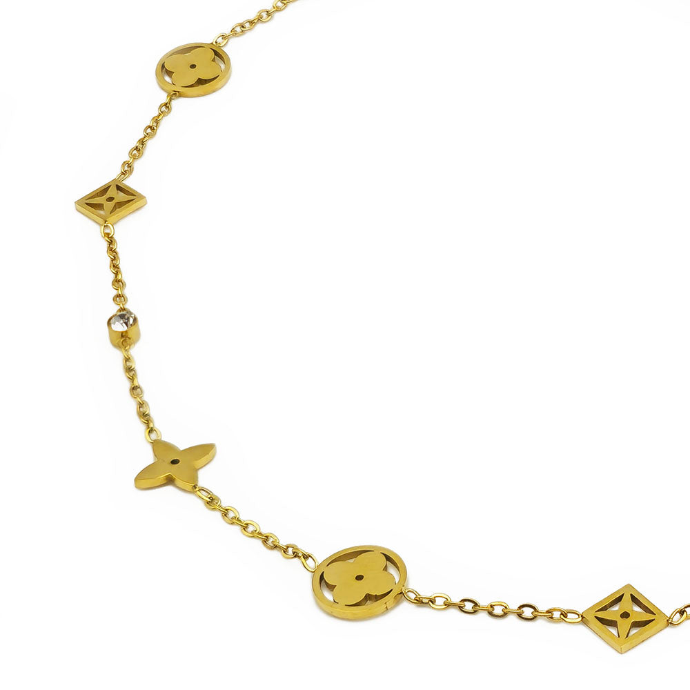 Floral Geometric Necklace - 18K Gold on Titanium with Zircon Gemstone Accents (Adjustable Chain with Clasp)