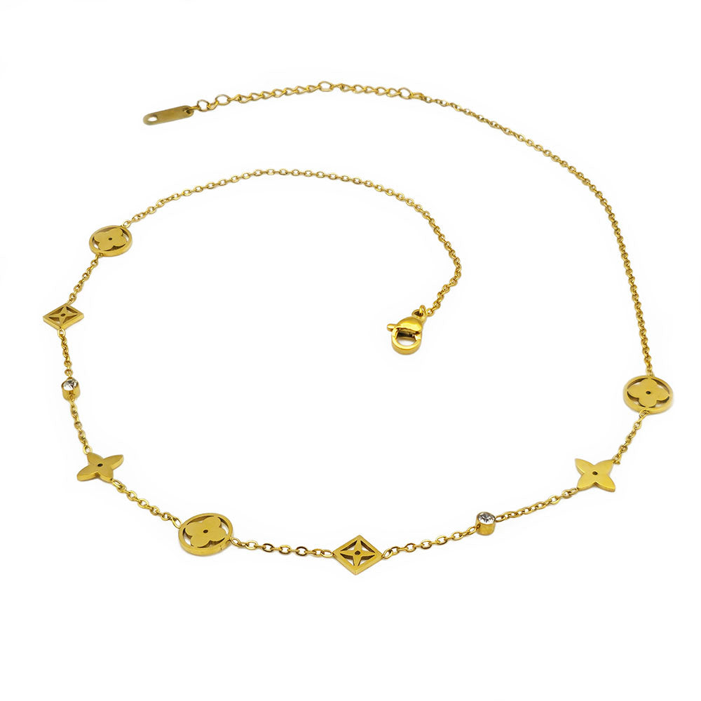 Floral Geometric Necklace - 18K Gold on Titanium with Zircon Gemstone Accents (Adjustable Chain with Clasp)