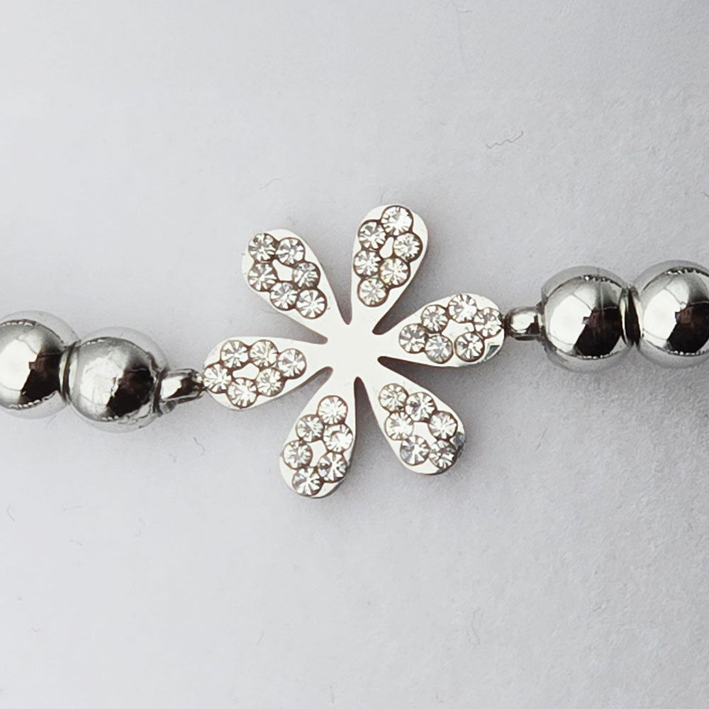 Flower Polished Stainless Steel Beaded Bracelet - Polished Stainless Steel with Flower Motif and brilliant CZ Accents