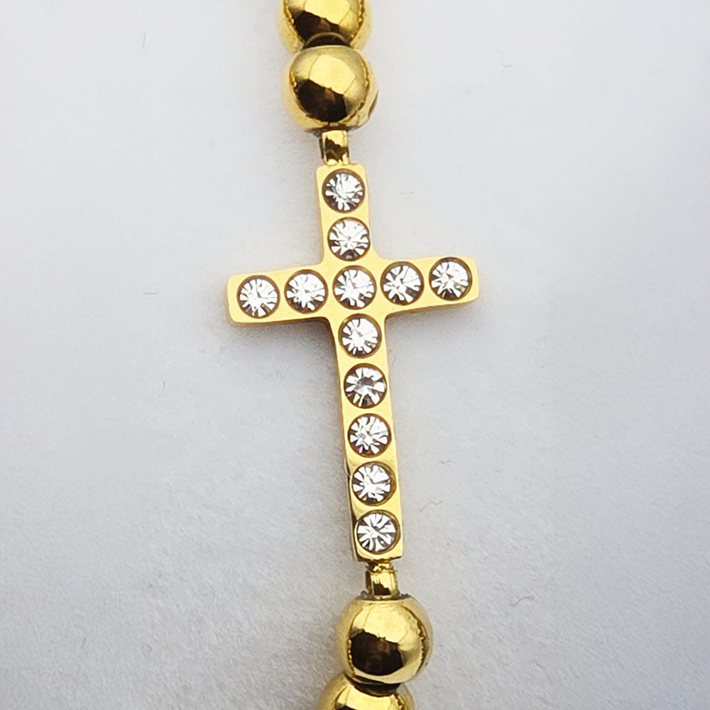 Gold Cross Beaded Bracelet - 18K Gold PVD on Stainless Steel with Cross Motif and brilliant CZ Accents (4 mm Beads
