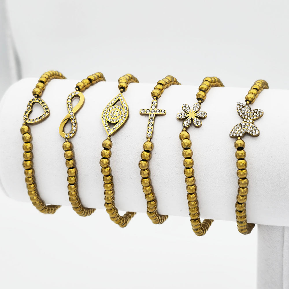 Gold Cross Beaded Bracelet - 18K Gold PVD on Stainless Steel with Cross Motif and brilliant CZ Accents (4 mm Beads