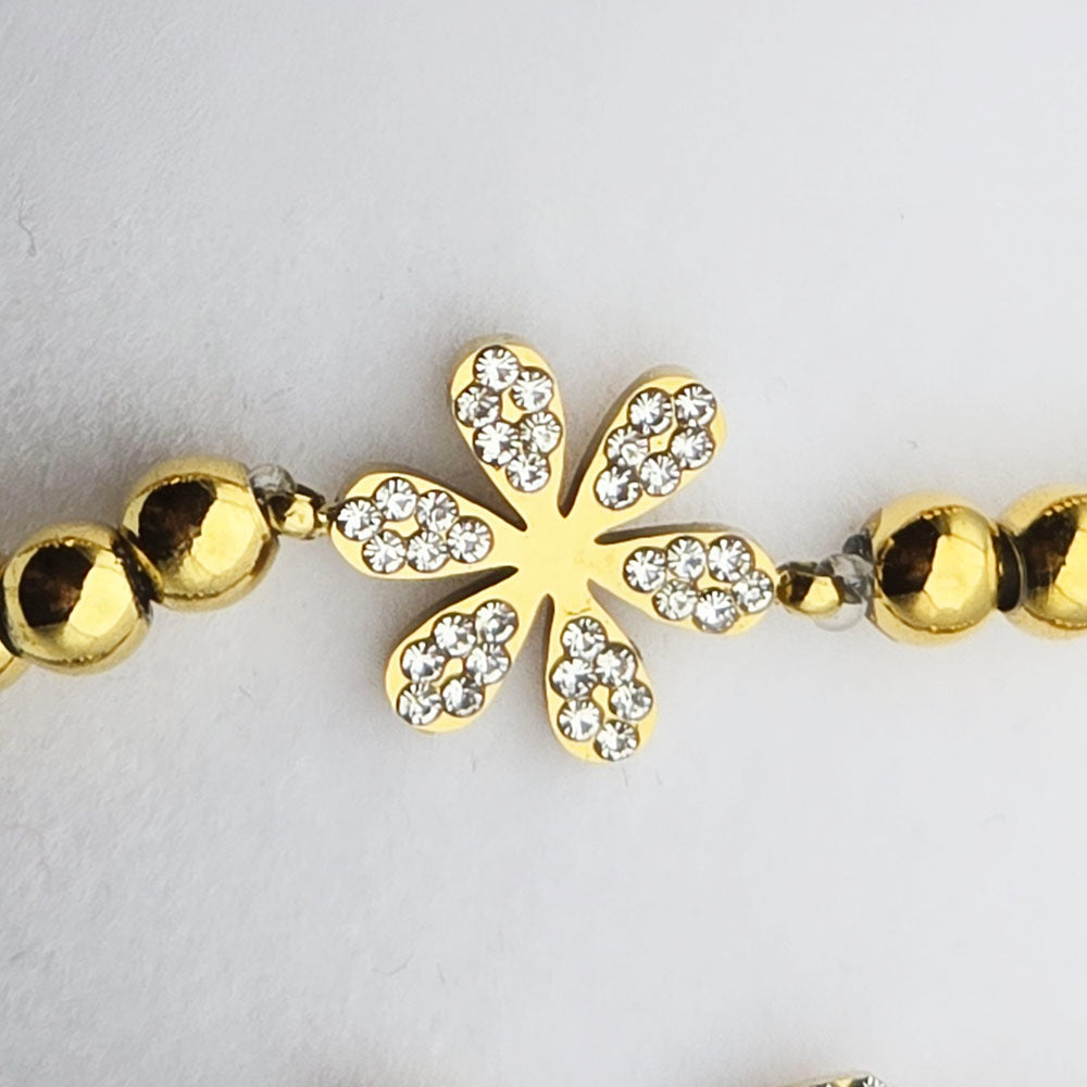 Gold Flower Beaded Bracelet - 18K Gold PVD on Stainless Steel with Flower Motif and brilliant CZ Accents (4 mm Beads
