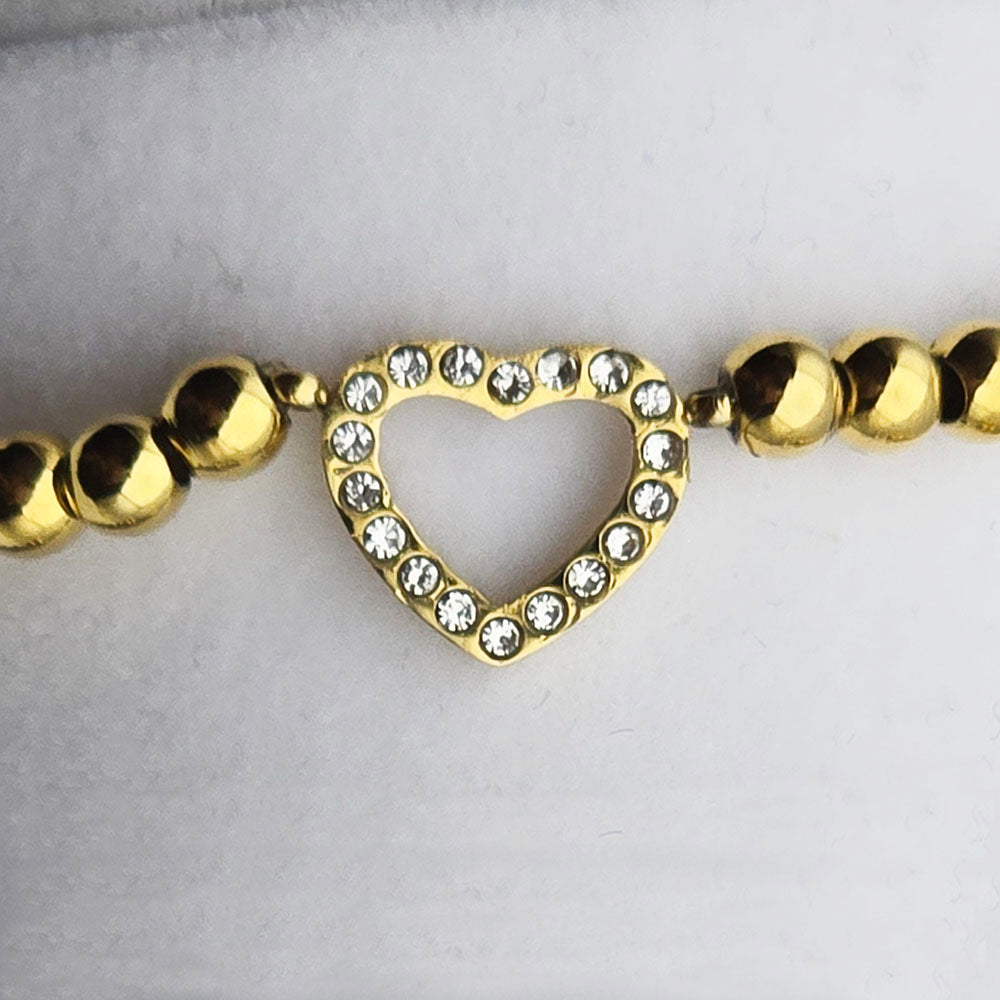 Gold Heart Beaded Bracelet - 18K Gold PVD on Stainless Steel with Heart Motif and brilliant CZ Accents (4 mm Beads