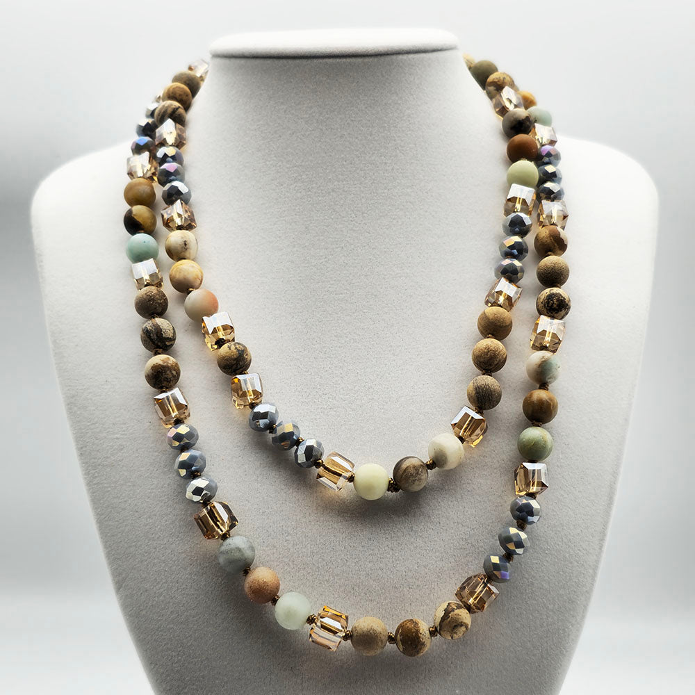 Gray Hand Knotted Necklace - Handmade Knotted Necklace with Natural Gemstones and Crystals (36 Inches Long)