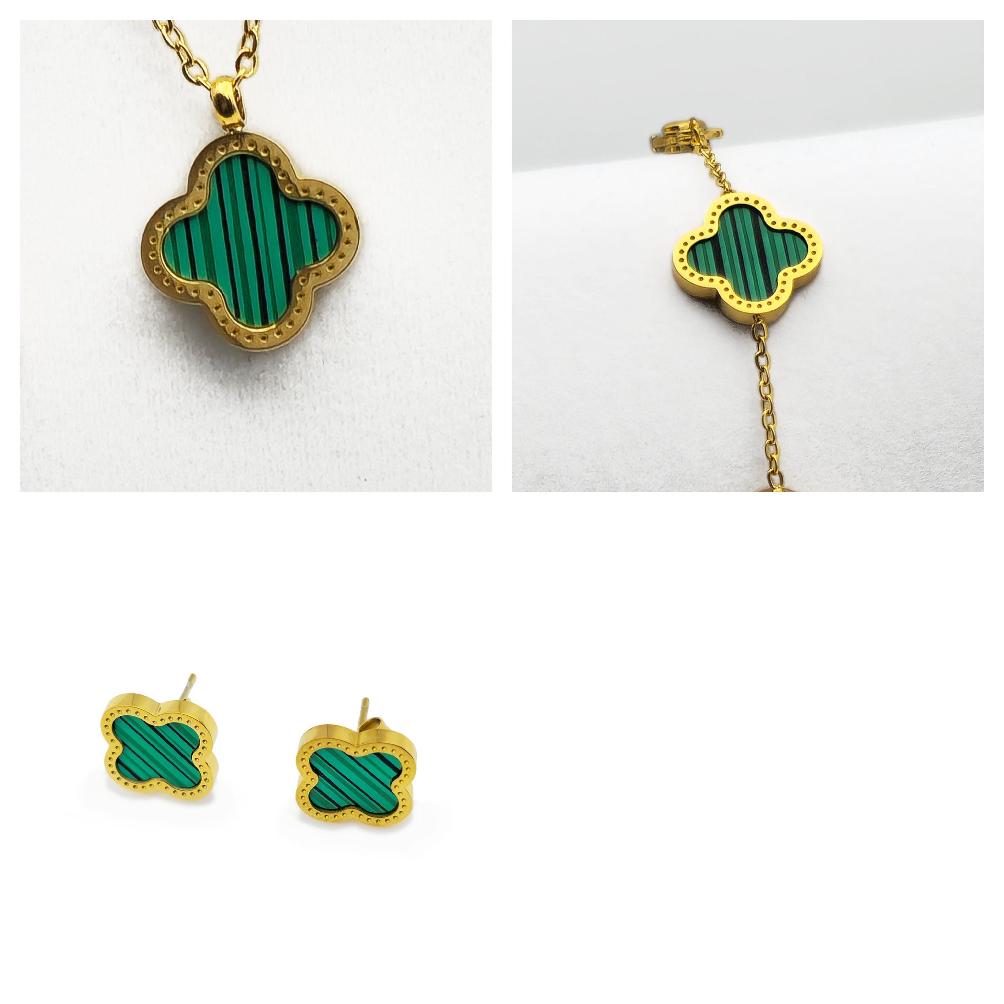 Green Clover Necklace Bracelet and Earrings Set - 18K Gold on Titanium