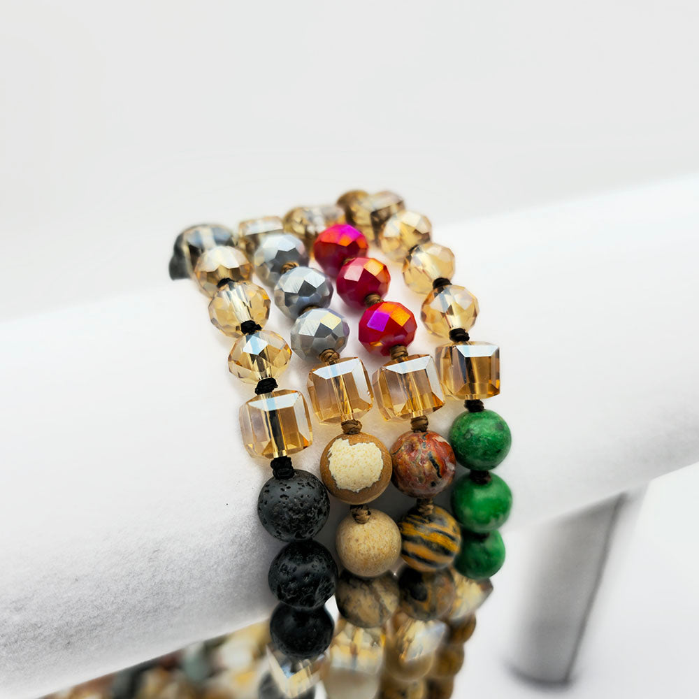 Green Hand Knotted Necklace - Handmade Knotted Necklace with Natural Gemstones and Crystals (36 Inches Long)