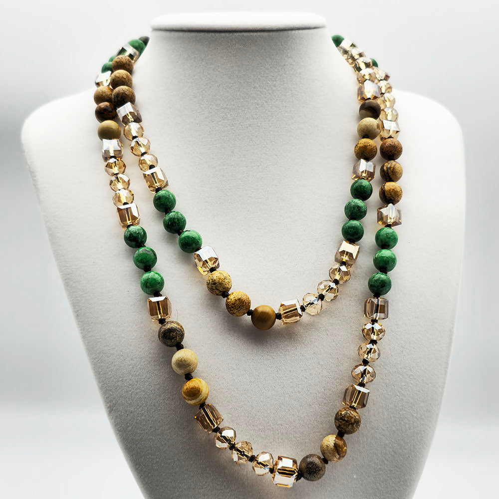 Green Hand Knotted Necklace - Handmade Knotted Necklace with Natural Gemstones and Crystals (36 Inches Long)