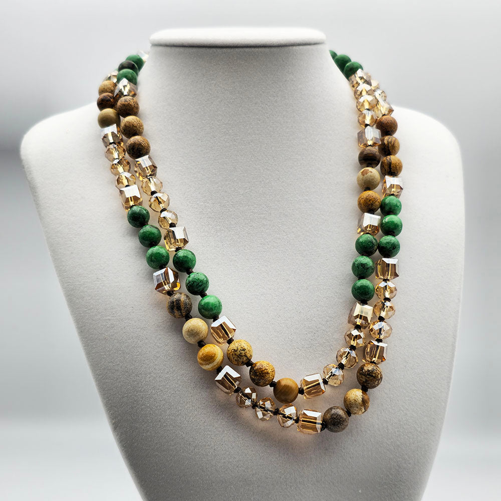 Green Hand Knotted Necklace - Handmade Knotted Necklace with Natural Gemstones and Crystals (36 Inches Long)