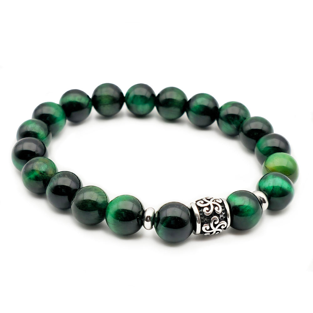Green Tiger’s Eye Bracelet – Handmade with Genuine Gemstones Stainless Steel Accents (10mm Beads Stretch-to-Fit 7.5