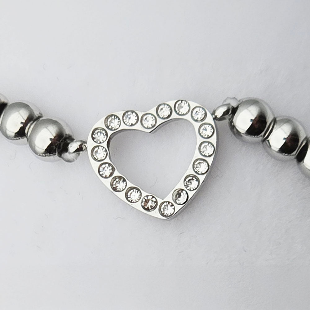 Heart Polished Stainless Steel Beaded Bracelet - Polished Stainless Steel with Heart Motif and brilliant CZ Accents (4