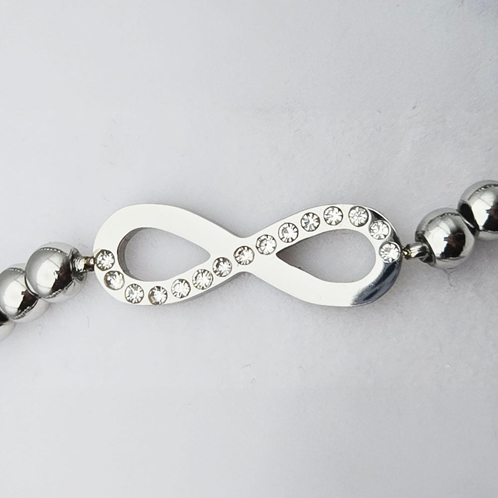 Infinity Polished Stainless Steel Beaded Bracelet - Polished Stainless Steel with Infinity Motif and brilliant CZ
