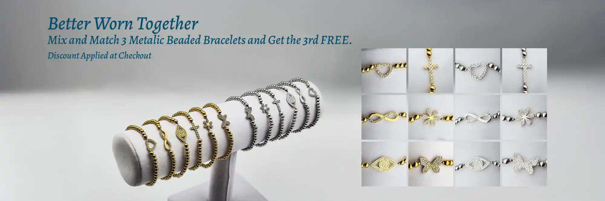 Metallic beaded bracelets.