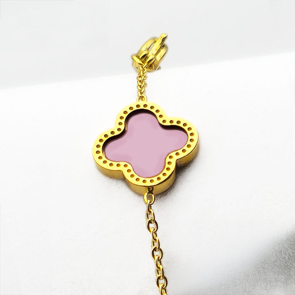 Pink Clover Bracelet - 18K Gold on Titanium (Adjustable Chain with Clasp)