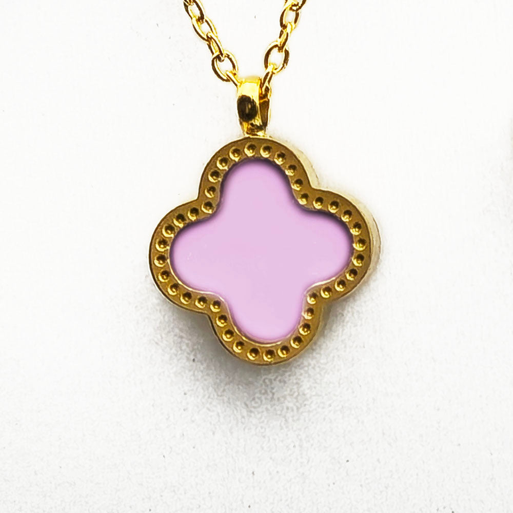 Pink Clover Necklace - 18K Gold on Titanium Pendant with Chain