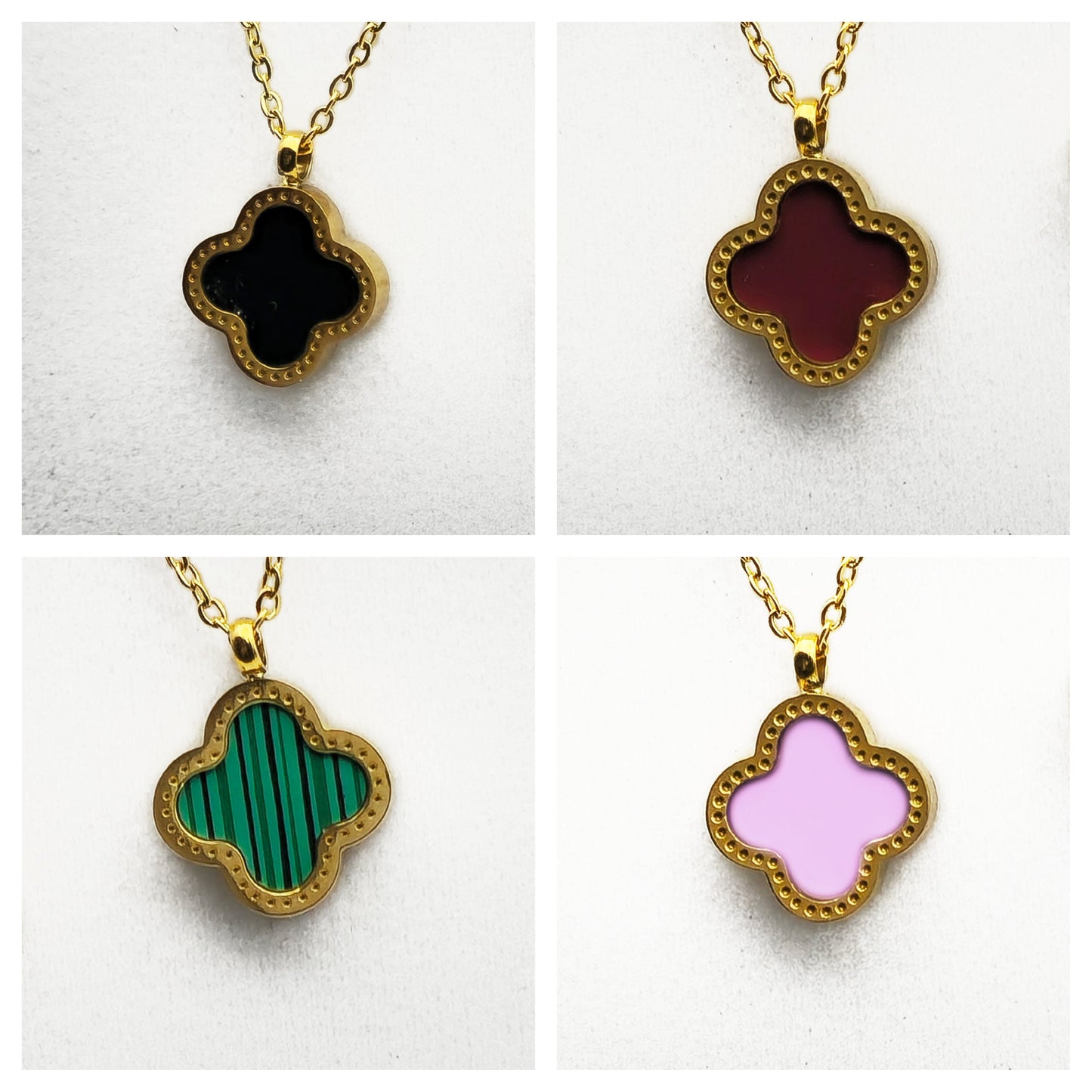 Pink Clover Necklace Bracelet and Earrings Set - 18K Gold on Titanium