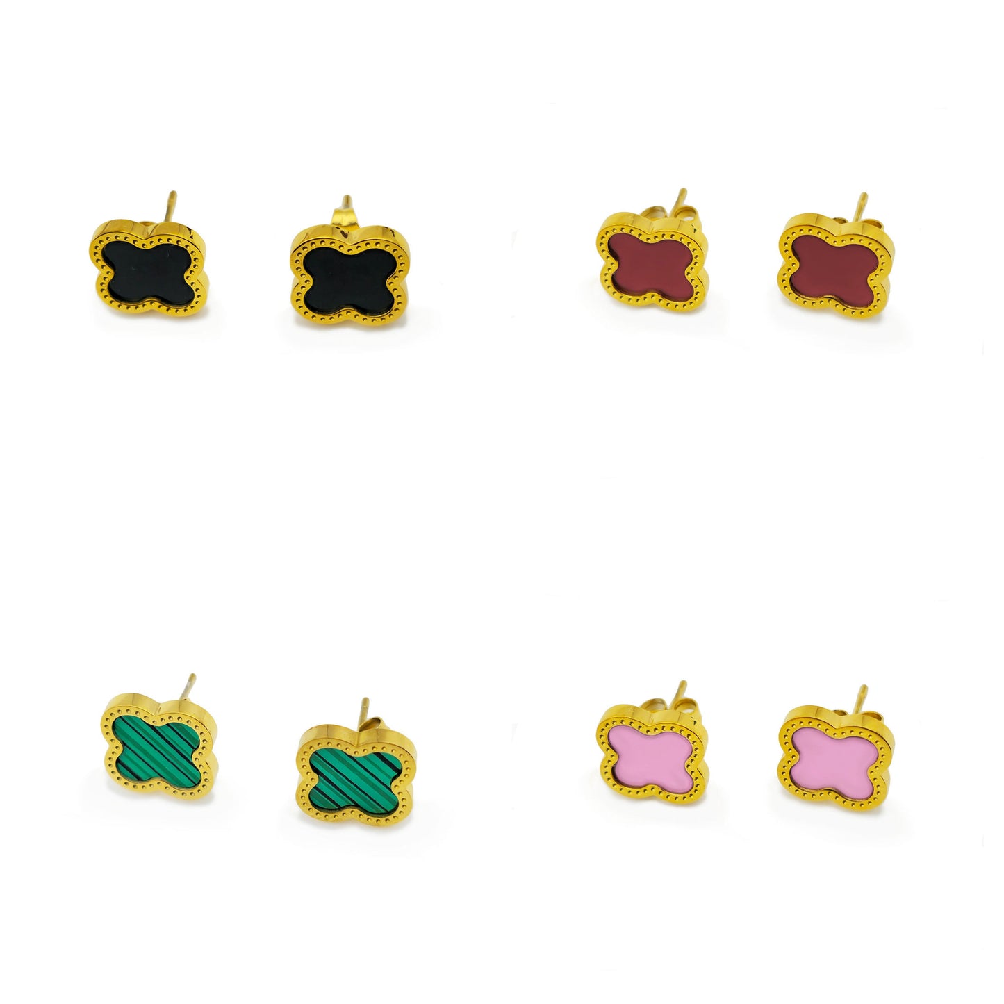 Pink Clover Necklace Bracelet and Earrings Set - 18K Gold on Titanium