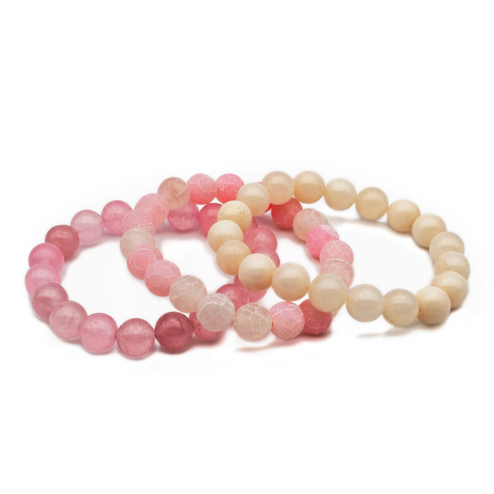 Pink Gemstone Bracelet Set (3 Bracelets) – Handmade with Genuine Natural Gemstones (10 mm Beads - 7.5 Inches Stretch-to-fit)