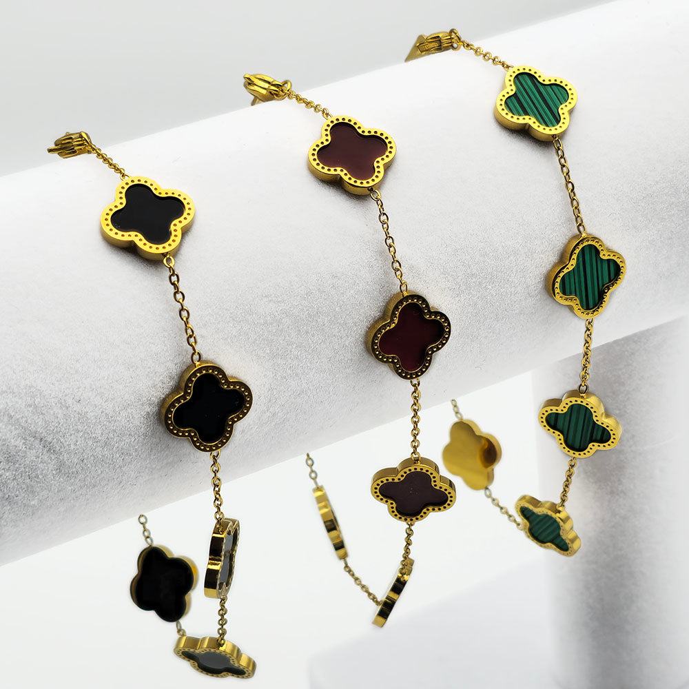 Red Clover Bracelet - 18K Gold Plating on Titanium (Adjustable Chain with Clasp)